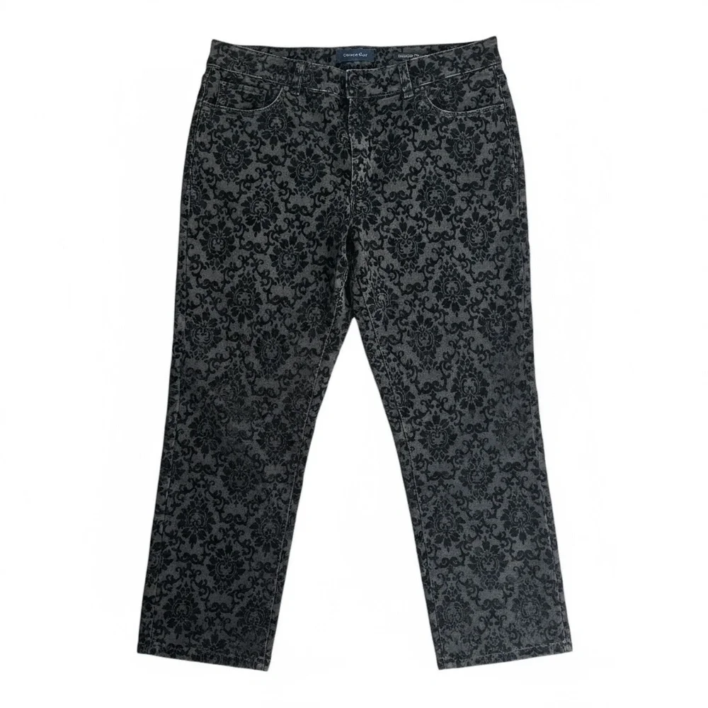 Charter Club Straight Leg Lexington Pants Black Velvet Damask Pattern Size 12